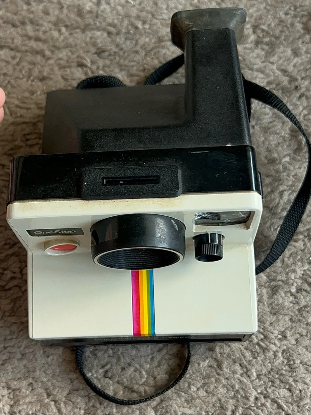 Polaroid One Step Land Camera White Instant with Red Button and Rainbow Stripe